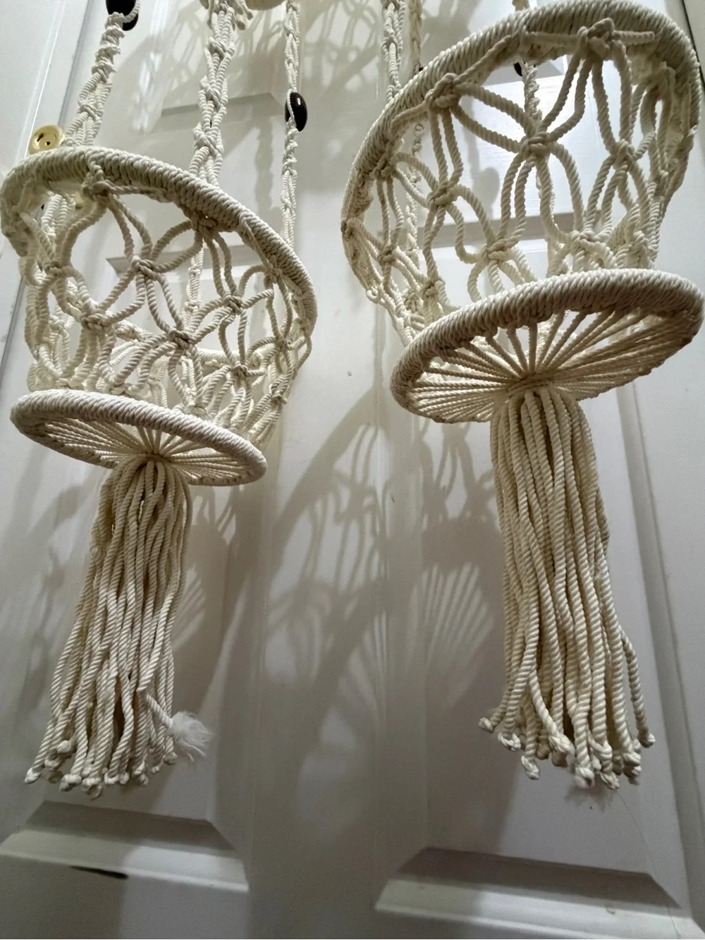 2 Vtg Macramé Hanging Planters 2 tier Pot Holders Cream Rope/Wood Beads, Tassels